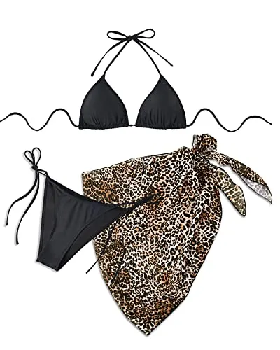 Flirty Triangle Bikini Mesh Skirt Chic 3-Piece Bikini Set-Black Leopard